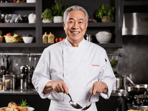 50대의 친근한 모습의 동양인 남성이 흰색 요리사 복과 앞치마를 착용하고 있는 반신 사진입니다. 그는 따뜻한 미소로 다가오는 느낌을 주며, 주방의 조리 도구를 손에 들고 있습니다. 배경에는 다양한 재료와 조리기구가 정리된 주방이 보이며, 활기차고 매력적인 요리 분위기를 만들어냅니다. 전체적인 구성은 요리의 즐거움과 모델의 열정을 강조하며 자연스러운 조명이 장면의 환영하는 느낌을 더합니다.