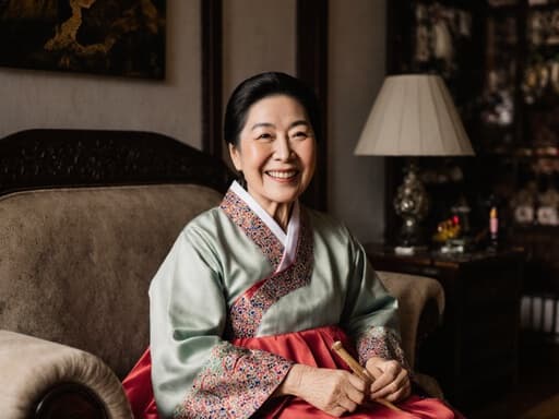 60대 한국인 여성이 전통적인 한복을 입고 소파에 앉아 행복하게 미소를 지으며 목공 도구를 들고 있는 반신 촬영. 배경은 전통적으로 꾸며진 아늑한 거실로, 고요하고 행복한 분위기를 만들어냅니다.