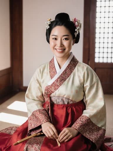 20대 백인 여성이 전통 한복을 입고, 아늑한 한의 치료실 바닥에 앉아 상담 도구를 들고 밝게 웃고 있는 모습으로, 자연광이 들어오는 따뜻하고 매력적인 분위기를 자아냅니다.