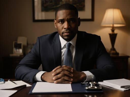 30대 아프리카계 남성이 깔끔한 정장을 입고 회의실 테이블에 손을 올리고 앞으로 약간 기울어져 깊은 생각에 잠긴 듯한 걱정스러운 표정을 짓고 있는 모습이 아늑한 상담실의 의료 관련 서류와 함께 담겨 있습니다.