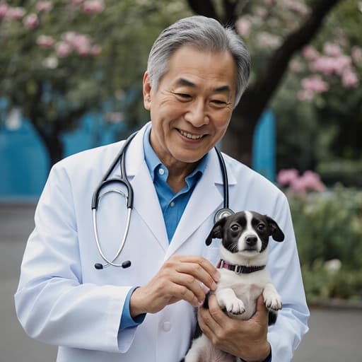열정적인 60대 동양인 남성 수의사의 반신 촬영으로, 자연스러운 외모를 가진 모습이 보입니다. 전문적인 수의사 의사복을 착용하고 목에는 청진기가 걸려 있습니다. 한 손에는 작은 애완동물을 안고, 다른 손으로는 애완동물을 다정하게 쓰다듬으며 동물에 대한 사랑과 헌신을 표현하고 있습니다. 배경은 나무와 꽃들로 아늑한 분위기를 자아내는 푸른 공원입니다.