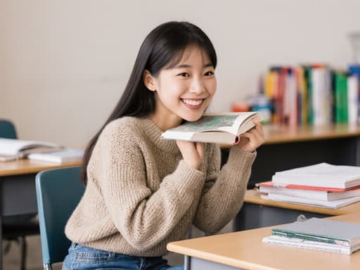 아늑한 교실의 책상에 앉아 있는 밝은 미소의 초등학생 아시아인 소녀의 반신 사진. 편안한 스웨터와 청바지를 입고 책을 들고 웃고 있으며, 배경에는 책과 노트가 놓인 책상이 있어 따뜻하고 아늑한 분위기를 자아냅니다.