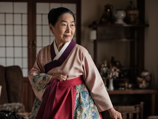 80대 한국인 여성 한복을 입고 아늑한 거실에서 전통 소품들 사이에서 우아하게 걷고 있습니다. 그녀의 표정은 외로움을 표출하며, 과거를 회상하는 듯한 감정을 담고 있어 따뜻하고 향수 어린 분위기를 자아냅니다.