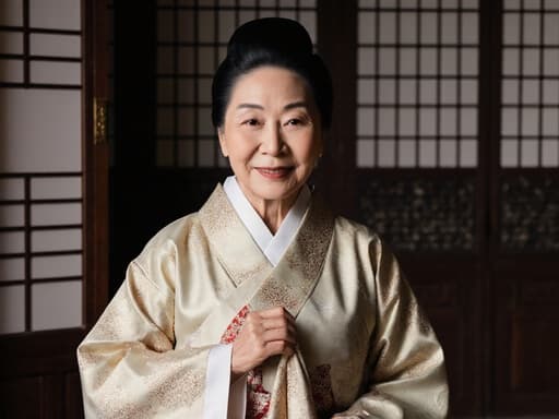 60대의 우아한 동양인 여성이 고급스러운 전통 한복을 입고 옷을 한 손으로 여미는 모습의 반신 사진으로, 아늑한 전통 한국 방에서 자신감과 우아함을 드러내고 있습니다.