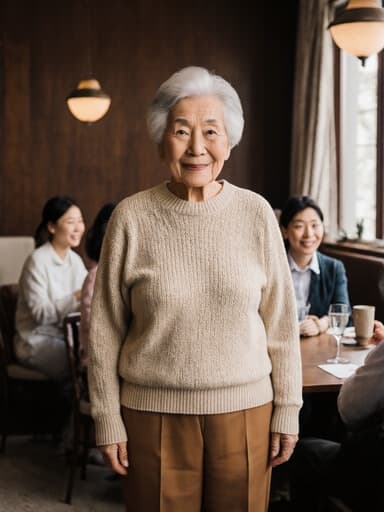 80대의 동양인 여성의 전신 사진으로, 편안한 니트 스웨터와 따뜻한 색상의 바지를 입고 평온한 미소를 지으며 가족과 함께 아늑한 카페에 서 있는 모습입니다. 배경에는 가족들이 테이블에 모여 있는 따뜻한 분위기가 담겨 있어, 함께하는 즐거움과 친밀함을 잘 표현하고 있습니다.