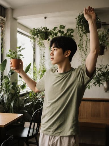 자연스러운 외모를 가진 10대 초반의 동양인 남성이 편안한 티셔츠와 반바지를 입고 있는 반신 사진입니다. 그는 한 손에 작은 식물 화분을 들고 다른 팔을 쭉 뻗으며 스트레칭하고 있습니다. 식물을 무관심한 표정으로 바라보며, 아늑한 카페 내부에 여러 가지 장식용 식물이 놓여 있어 따뜻하고 초대하는 분위기를 연출합니다.
