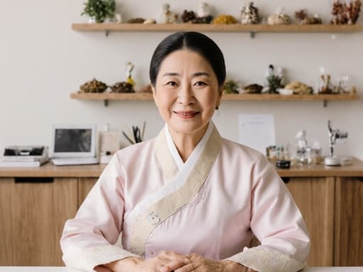 60대 중동계 여성의 반신 사진으로, 자연스러운 아름다움과 따뜻하고 진솔한 미소를 보여줍니다. 그녀는 아늑한 상담실의 테이블에 앉아 있으며, 전통 한복 스타일의 의상을 입고 있습니다. 테이블에는 한약재와 진료 도구들이 배치되어 있어 전통 치료의 역할을 강조합니다. 부드럽게 조명이 비추는 배경은 그녀의 주변 물체와의 상호작용을 부각시켜, 지혜롭고 배려 깊은 태도를 전달하는 따뜻하고 초대하는 분위기를 만들어냅니다.