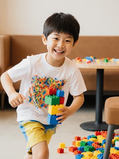밝고 아늑한 카페에서 귀여운 7세 동양인 남아가 편안한 티셔츠와 반바지를 입고 레고 블록을 손에 쥐고 즐겁게 달리고 있습니다. 카페 내부는 밝고 매력적이며, 테이블 위에는 다양한 레고 조각들이 흩어져 있어 창의적인 놀이의 활기찬 분위기를 만들어냅니다.
