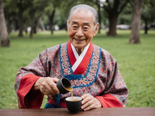 80대 아시아계 남성이 친근한 표정을 지으며 공원 테이블에 앉아 있는 반신 사진입니다. 그는 화려한 색상의 저고리와 무릎까지 오는 바지를 착용한 전통 한복을 입고 있습니다. 그는 고마운 미소를 지으며 전통 차를 다과로 따르고 있습니다. 배경은 푸른 잔디와 나무들이 어우러져 잔잔한 분위기를 자아내고 있습니다.