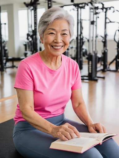 60대의 자연스러운 외모를 가진 아시아계 여성의 반신 촬영, 밝은 운동복을 입고 운동 매트에 앉아 책을 읽으며 미소짓고 있는 모습. 피트니스 스튜디오의 현대적이고 밝은 환경에서 운동 기구와 거울이 배경에 있는 장면.