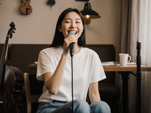 20대의 한국인 여성이 아늑한 카페에서 편안한 티셔츠와 청바지를 입고 있는 반신 사진입니다. 그녀는 마이크를 향해 밝게 웃으며 노래를 부르고 있으며, 다리를 뻗고 앉아 있습니다. 카페 테이블 위에는 악기와 음료가 놓여 있어 즐겁고 초대하는 분위기를 만들어냅니다.