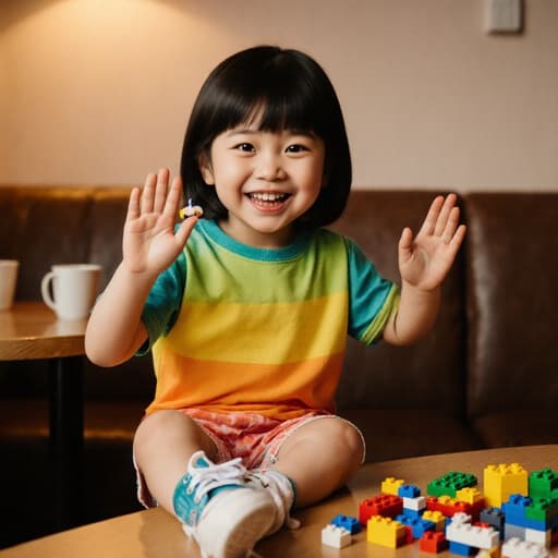 즐거운 표정의 3세 아시아계 여성 어린이가 밝은 색상의 티셔츠와 반바지를 입고 귀여운 스니커즈를 신은 채 반신 촬영되고 있습니다. 그녀는 레고 조각을 들고 두 손을 흔들며 인사하는 자세를 취하고 있으며, 배경에는 따뜻한 조명 아래 아늑한 카페 내부와 테이블 위에 놓인 레고 조립 세트가 있어, 즐겁고 초대하는 분위기를 만들어냅니다.