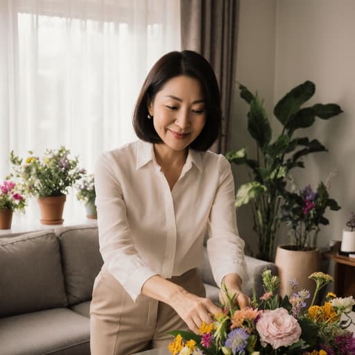 이 이미지는 40대의 우아한 동양인 여성이 꽃꽂이 수업에 자신감 있게 참여하는 모습을 보여줍니다. 자연광과 초록 식물로 가득한 아름답게 꾸며진 거실에서 촬영되었습니다.