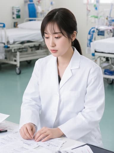 20대 한국인 여성의 반신 사진으로, 깔끔하고 전문적인 의사 가운을 입고 있습니다. 그녀는 정돈된 머리와 최소한의 메이크업을 하고 있으며, 차분하고 집중한 표정을 짓고 있습니다. 이 여성은 바닥에 앉아 회의 자료를 정리하며 생각에 잠긴 자세입니다. 배경은 의료 용품과 환자 침대가 배치된 병실 내부로, 그녀의 헌신과 전문성을 강조하는 현실적인 의료 환경을 만들어냅니다.