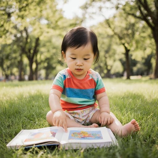 한 아름다운 공원에서 풀밭에 앉아 있는 귀여운 외모의 1세 동양인 여성의 반신 사진. 화사한 색상의 티셔츠와 편안한 반바지를 입고, 열린 책을 바라보며 손가락으로 페이지를 가리키며 호기심을 표현하고 있습니다. 자연의 평화로운 아름다움 속에서 신나는 탐구의 감정을 전합니다.