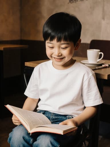 사랑스러운 외모를 가진 7세 동양인 남자가 아늑한 카페에서 편안하게 앉아 책을 읽고 있습니다. 편안한 티셔츠와 청바지를 입고 있으며, 부드러운 조명과 아늑한 분위기가 그의 사랑스러운 미소와 즐거운 표정을 강조하고 있습니다. 테이블 위에는 음료가 놓여 있습니다.