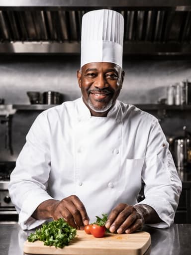 60대 흑인 남성이 흰색 셰프복과 요리사 모자를 쓰고, 깔끔하고 현대적인 레스토랑 주방의 조리대에서 식재료를 준비하며 미소짓고 있습니다. 그의 평온한 표정은 요리에 대한 열정을 반영하며, 따뜻하고 매력적인 분위기를 만들어냅니다.
