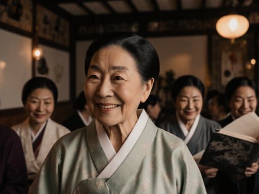 70세 동양인 여성이 전통 한복을 입고 반신 샷으로 촬영된 모습이며, 친구들과 함께 걷고 있는 중에 부드러운 미소를 짓고 있습니다. 아늑한 카페의 따뜻한 조명과 전통 소품들이 배치된 배경이 함께 어우러져 이야기를 나누는 즐거운 분위기를 강조합니다.
