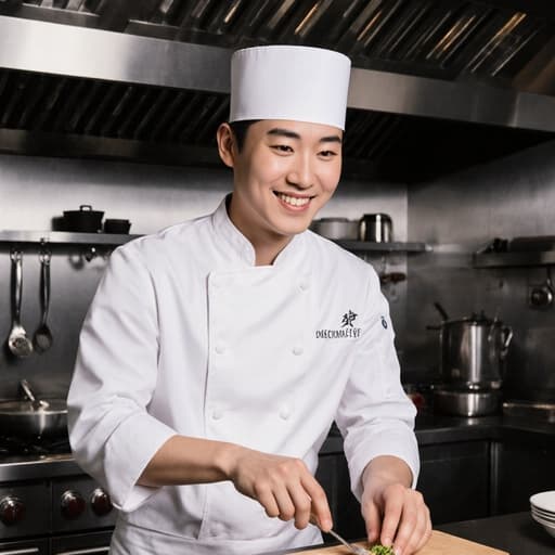 건강하고 활기찬 20대 동양인 남성이 흰색 요리사 복과 조리모를 착용하고 긍정적인 표정으로 미소를 지으며 오븐 앞에서 재료를 손질하고 있는 모습의 반신 사진. 주방 배경은 다양한 조리 도구로 잘 갖춰져 있어 요리에 대한 열정을 강조하는 생동감 있는 분위기를 자아냅니다.