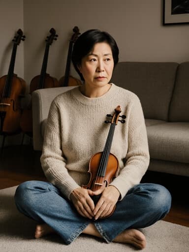 자연스러운 외모를 가진 50대 한국인 여성이 아늑한 거실 바닥에 크로스 레그로 앉아 있는 반신 촬영 모습입니다. 편안한 니트 스웨터와 청바지를 입고 있으며, 걱정스러운 표정을 지으며 악기를 들고 있습니다. 배경은 소파와 여러 악기가 배치된 따뜻한 거실로, 내면의 성찰적인 분위기를 더합니다.