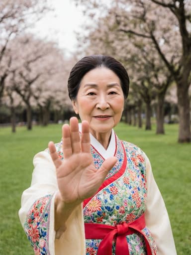 70대의 혼혈 여성의 반신 사진으로, 화려하게 자수가 놓인 전통 한복을 입고 손을 가볍게 앞으로 내밀며 인사하는 모습입니다. 배경은 푸른 잔디와 나무가 있는 고요한 공원으로, 그녀의 자연스러운 아름다움과 지혜로운 표정을 강조하며 따뜻하고 초대하는 분위기를 만들어냅니다.