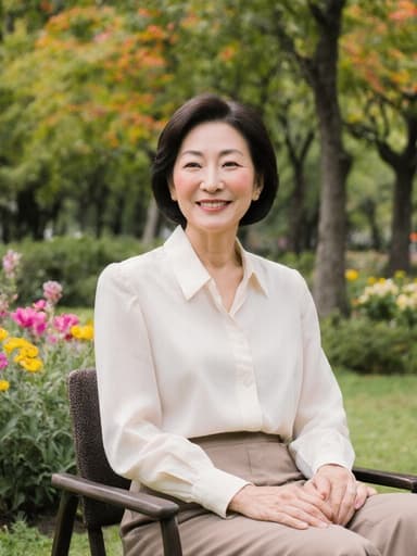 우아한 한국인 여성 50대가 푸른 공원에 앉아 부드러운 미소를 지으며 품위를 발산하는 초상화.