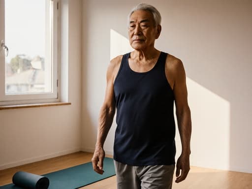 60대 동양인 남성이 편안한 요가 복을 입고 요가 매트를 향해 걷고 있는 모습의 반신 촬영. 자연광이 들어오는 조용한 명상 공간에서 자신감 넘치는 표정을 짓고 있어요. 이 이미지는 요가의 본질을 완벽하게 담아내며 평화롭고 목적 있는 분위기를 자아냅니다.