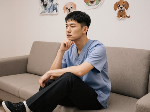 30대 아시아계 남성이 동물 병원 대기실에 앉아 있으며, 간편한 작업복을 착용하고 있습니다. 그는 손으로 턱을 괸 채 생각에 잠긴 표정을 지으며, 편안한 소파와 동물 관련 장식들로 둘러싸여 따뜻한 분위기를 자아냅니다.