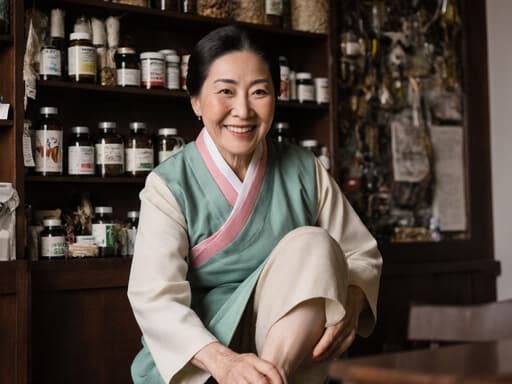60대 동양인 여성이 전통 한복을 입고 밝게 웃으며 아늑한 전통 한의원에서 편안한 신발을 신기 위해 한쪽 발을 들어 올린 모습. 주변에는 한약재와 치료 도구들이 놓여 있습니다.