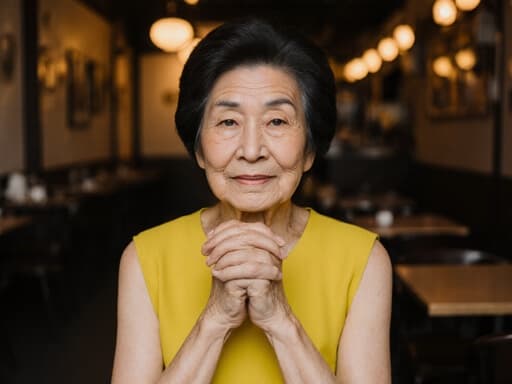 70대 한국인 여성의 반신 촬영으로, 부드러운 주름과 외로운 표정을 지으며 깊은 생각에 잠긴 모습을 보여줍니다. 편안한 밝은 색상 원피스를 착용하고 있으며, 손은 가슴 앞으로 모아져 있고 몸은 약간 앞으로 기울어져 명상하는 듯한 자세를 취하고 있습니다. 배경은 아늑한 카페 내부로 따뜻한 조명이 비추며 테이블과 의자가 보이는 장면이 포함되어 있어, 초점인 모델의 내성적인 분위기를 강조합니다.