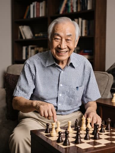 아늑한 거실에서 체스판을 바라보며 체스 말을 가리키고 있는 따뜻하고 친근한 표정을 지닌 80세 동양인 남성의 이미지입니다. 그는 체크무늬 셔츠와 베이지색 바지를 입고 있어 편안하고 친근한 분위기를 자아냅니다.