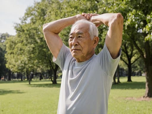 이 이미지는 70세의 동양인 남성이 편안한 운동복을 입고 반신으로 촬영된 모습입니다. 걱정스러운 표정이 평화로운 공원 배경과 대조를 이루고 있으며, 푸른 나무와 푸른 잔디가 있는 환경은 차분한 분위기를 만들어냅니다. 그는 가벼운 스트레칭 자세로 팔을 위로 들고 있으며, 노인들을 위한 신체 활동의 중요성을 강조합니다.
