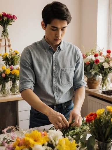20대 라틴계 남성이 캐주얼한 셔츠와 청바지를 입고, 밝고 아늑한 꽃 가게에서 꽃다발을 만들기 위한 재료를 집중해서 바라보며 차가운 표정을 짓고 있는 모습의 반신 사진입니다.