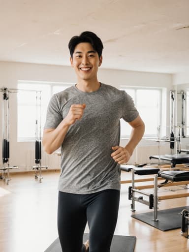 30대 건강하고 활기찬 한국인 남성이 편안한 필라테스 복장을 입고 밝은 필라테스 센터에서 즐겁게 달리는 모습, 자연광과 다양한 필라테스 기구가 어우러져 건강하고 자신감 넘치는 모습을 강조합니다.
