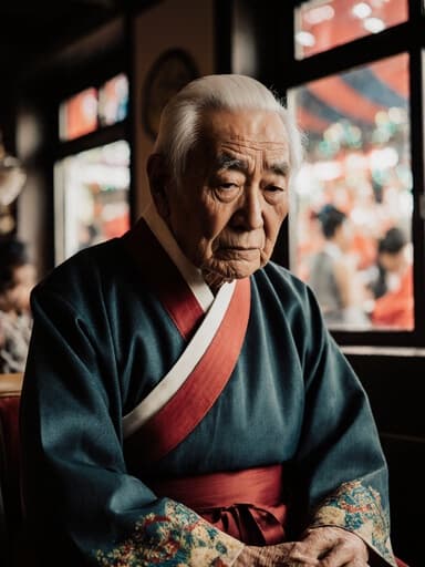 전통적인 한복을 입은 80대 동양인 남성의 반신을 촬영한 이미지로, 걱정스러운 표정을 지으며 무릎 위에 손을 올리고 약간 앞으로 기울어져 있습니다. 배경은 전통적인 요소와 현대적인 장식이 조화롭게 어우러진 아늑한 카페이며, 창문 너머로 축제의 풍경이 보입니다.