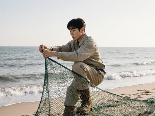 20대 한국인 남성이 편안한 작업복과 장화를 착용하고 있는 반신 샷을 포착했습니다. 그는 어망 설치에 집중하며 차가운 표정을 짓고 있으며, 몸을 살짝 비틀고 있습니다. 배경은 평화로운 바닷가 풍경으로, 작업의 산업적인 성격을 반영하면서도 장소의 고요함을 강조합니다.
