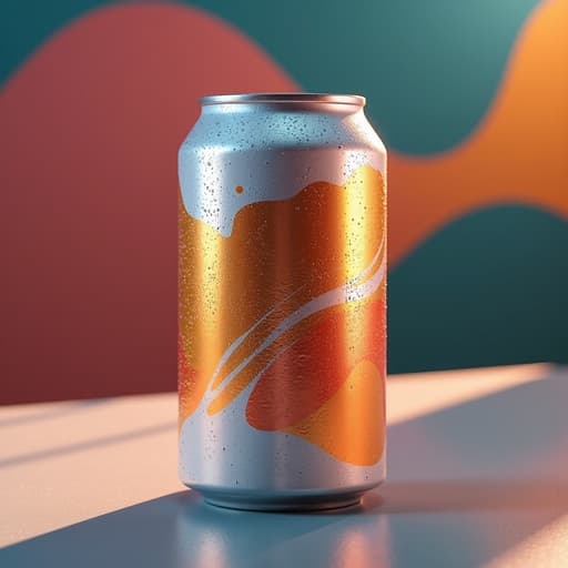 다채로운 색상이 흐르는 추상적인 배경 위에 놓인 맥주 캔의 클로즈업, 에너지 넘치고 활기찬 느낌.