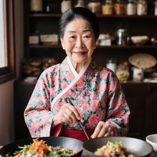 이 이미지는 전통 꽃무늬 한복을 입고 있는 80세 한국인 여성이 요리 재료를 들고 만족스럽게 미소 짓고 있는 모습으로, 전통 음식 재료들이 진열된 아늑한 카페의 배경을 담고 있습니다.