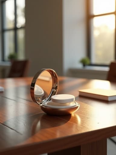 선케어 쿠션, 화장품, 큰 창이 있는 현대적인 사무실 환경, 우아한 분위기