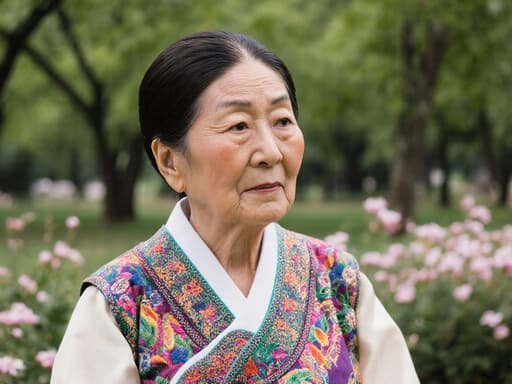 전통 한복을 입은 80대 한국인 여성의 반신 사진으로, 화려한 색상과 섬세한 자수가 돋보입니다. 그녀는 걱정스러운 표정으로 먼 곳을 바라보며, 전통 춤 공연을 준비하는 우아한 자세로 서 있습니다. 배경은 푸르른 나무와 꽃들이 있는 평화로운 공원으로, 고요한 분위기를 연출하고 있습니다.