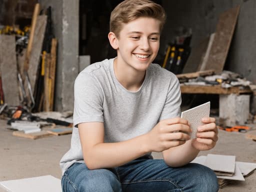 행복한 10대 초반의 백인 남성이 건축 현장에서 편안하게 앉아 건축 자재 샘플을 들고 살펴보고 있습니다. 그는 편안한 티셔츠와 청바지를 입고 있으며, 주위에는 다양한 건축 도구와 자재가 있어 창의적인 건축 프로젝트의 분위기를 잘 담고 있습니다.