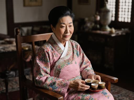전통 한복을 입고 아늑한 거실에 앉아 있는 70대 한국인 여성의 반신 사진. 그녀는 전통 다과를 들고 외로운 표정을 짓고 있으며, 전통 가구가 배치된 공간에서 문화적 의미와 내성적인 순간을 포착하고 있습니다.