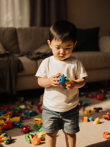 3세 아시아계 남자가 아늑한 거실에 서 있습니다. 그는 편안한 티셔츠와 반바지를 입고 있으며, 손에 장난감을 들고 지루한 표정으로 바라보고 있습니다. 주변은 다양한 장난감으로 흩어져 있어 아이의 자연스러운 호기심과 편안한 태도를 강조하는 놀이 분위기를 만들어냅니다.