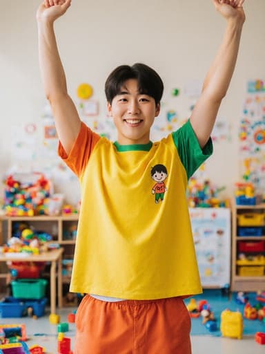 밝은 교육용 의상을 입고, 따뜻한 미소를 지으며 양팔을 위로 쭉 뻗고 있는 한국인 10대 후반 남성의 반신 사진. 교육 자료와 장난감으로 가득 찬 다채로운 유아 학습실에서 촬영되었습니다.