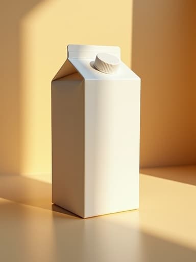 부드러운 오후 햇살 속 우유 팩, 따뜻하고 초대하는 분위기.