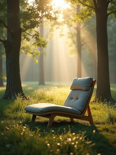 이슬이 맺힌 숲속의 아침에 나무 다리가 있는 부드러운 직물의 현대적인 디자인의 라운지 체어.