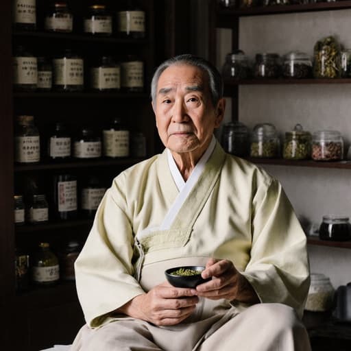 전통 한복을 입고 작은 한약재 그릇을 손에 든 60대 아시아계 남성의 차분한 반신 촬영, 깔끔하게 정리된 전통 한약재 배경과 함께 지혜로운 표정을 지으며 앉아 있습니다.