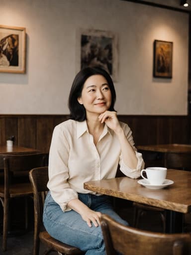 아늑한 카페에 앉아 있는 중년 동양인 여성이 편안한 블라우스와 청바지를 입고 커피잔을 바라보며 부드럽게 미소 짓고 있는 모습입니다. 배경은 나무 가구와 매력적인 벽 그림이 있는 편안한 카페 분위기를 보여줍니다.
