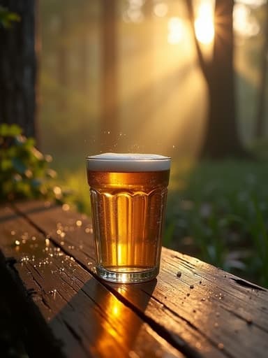 아침 이슬이 맺힌 숲속의 무드등, 고요하고 평화로운 분위기.