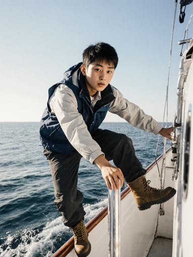 10대 초반 아시아계 남성이 어선의 난간을 잡고 점프하는 모습으로, 작업용 의상을 입고 있으며, 맑은 하늘 아래의 바다 배경을 배경으로 피곤함과 결단력을 표현하고 있습니다.